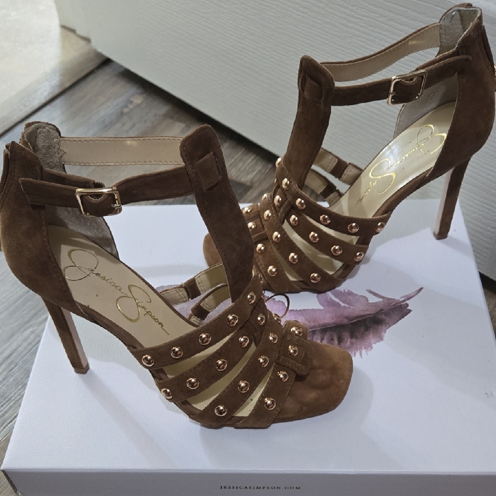 Jessica Simpson Brown Suede Heels with Gold Studs